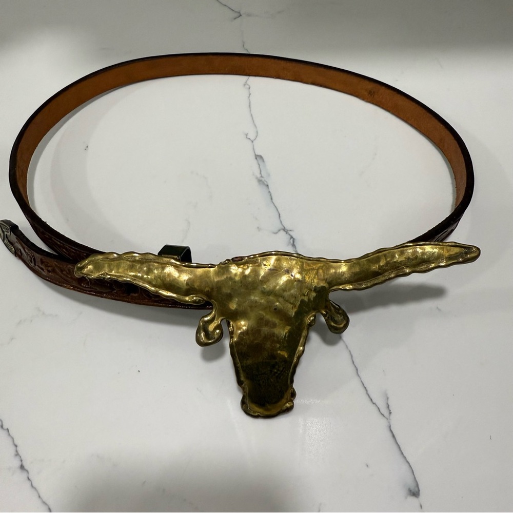 Gold Longhorn Belt with Brown Strap